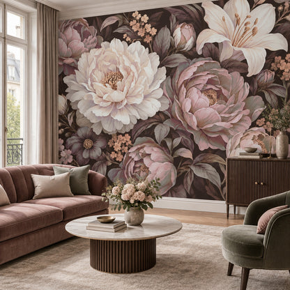 Büyük Çiçek Desenli Poster Duvar Kağıdı Pudra Pembe Salon