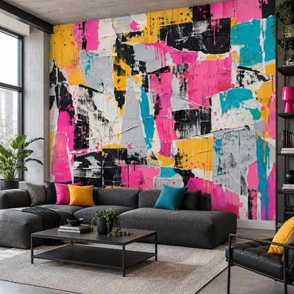 Renkli Kolaj Poster Duvar Kağıdı Pembe Sarı Soyut Salon