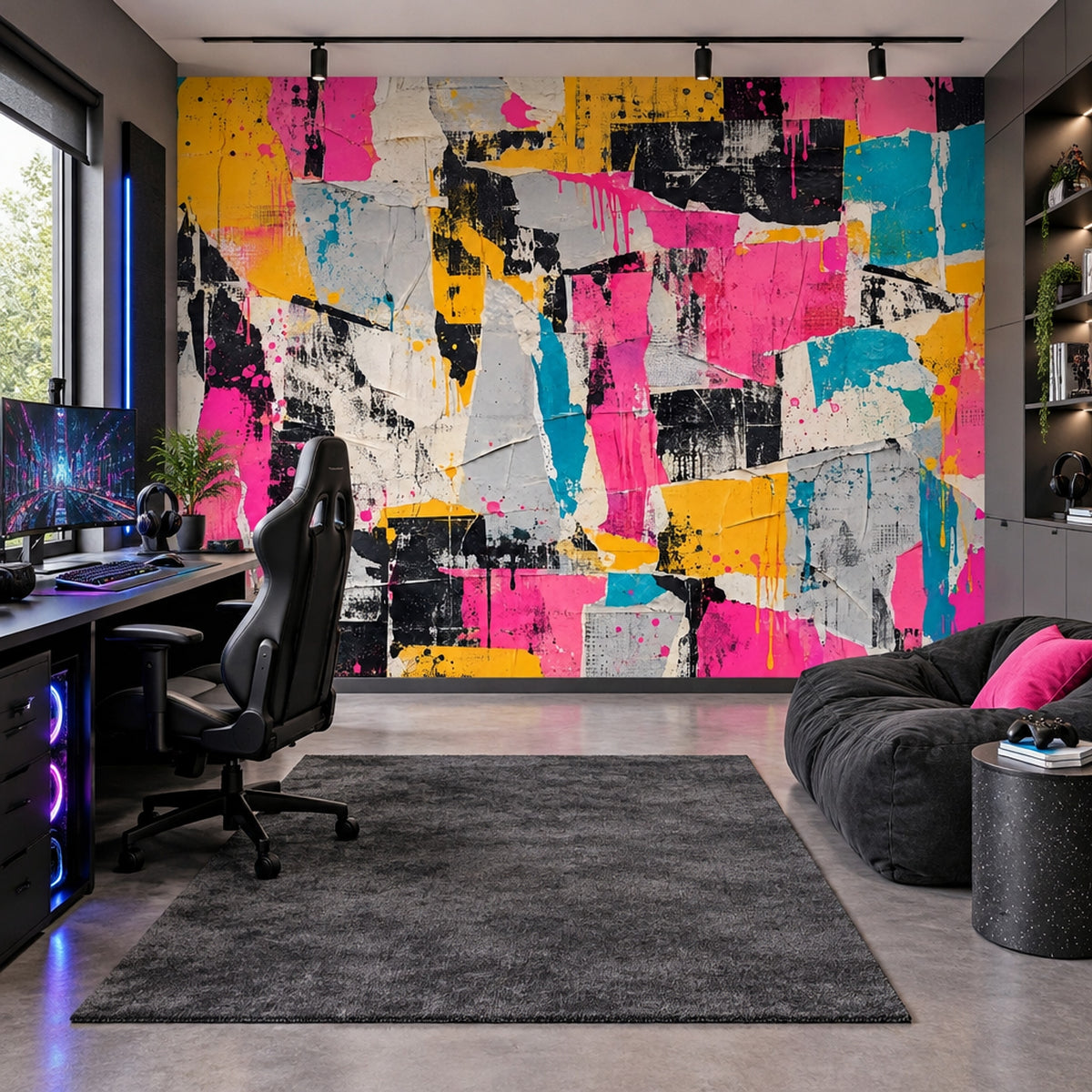 Renkli Kolaj Poster Duvar Kağıdı Pembe Sarı Soyut Salon