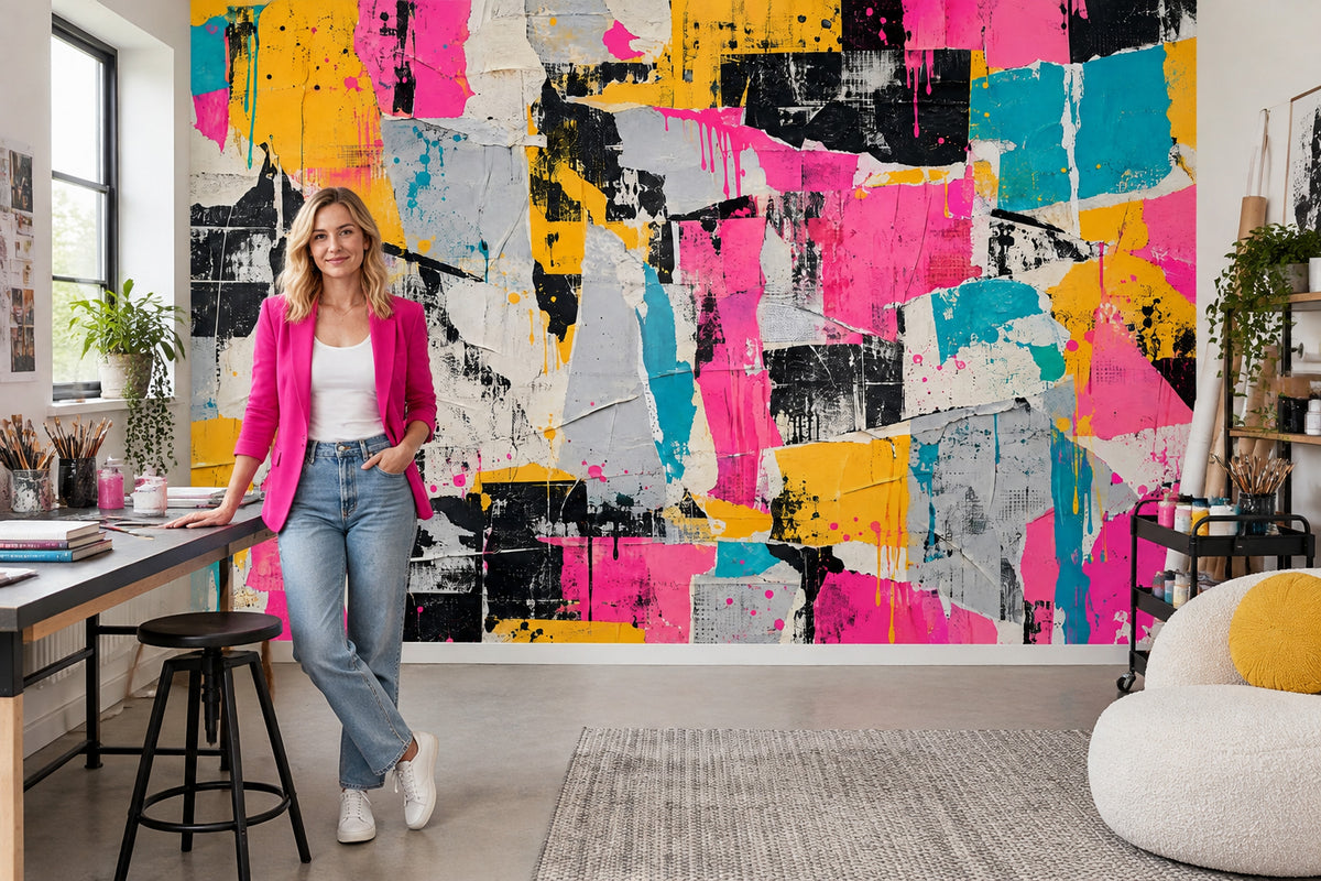 Renkli Kolaj Poster Duvar Kağıdı Pembe Sarı Soyut Salon