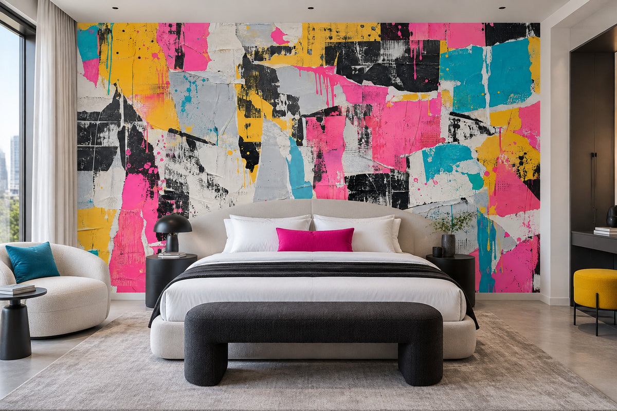 Renkli Kolaj Poster Duvar Kağıdı Pembe Sarı Soyut Salon