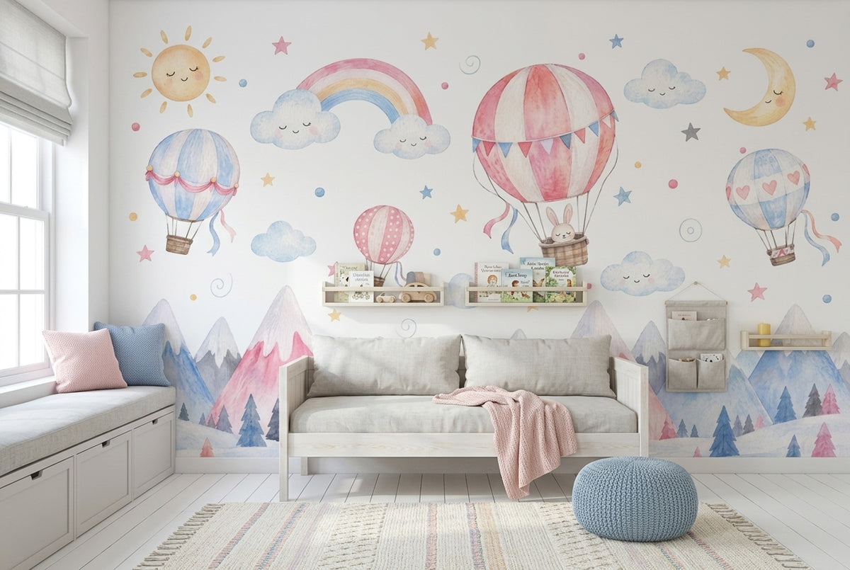 Balon ve Gökkuşağı Poster Duvar Kağıdı Çocuk Odası Pastel