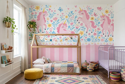 Unicornlu Çocuk Odası Poster Duvar Kağıdı Pembe Mavi Çiçekli