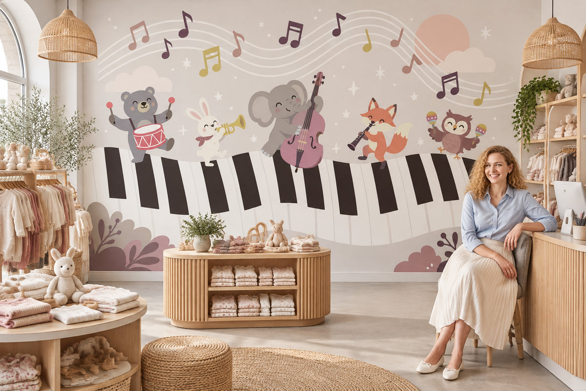 Müzik Temalı Hayvanlı Poster Duvar Kağıdı Çocuk Odası Bej