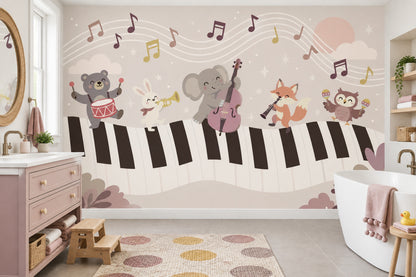 Müzik Temalı Hayvanlı Poster Duvar Kağıdı Çocuk Odası Bej
