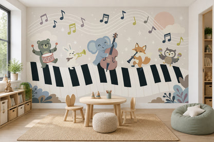 Müzik Temalı Hayvanlı Poster Duvar Kağıdı Çocuk Odası Desenli