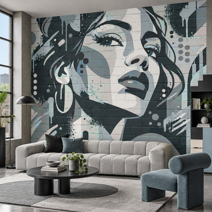Graffiti Kadın Portre Poster Duvar Kağıdı Gri Modern Salon