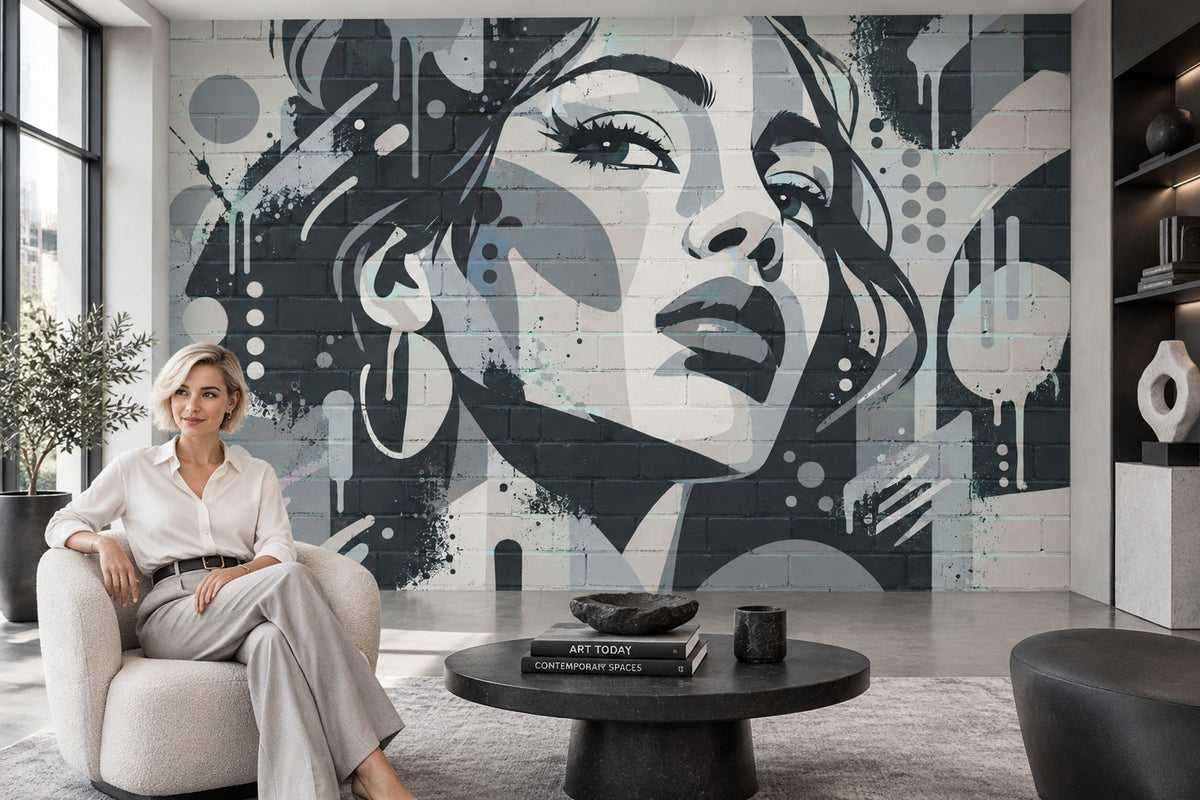 Graffiti Kadın Portre Poster Duvar Kağıdı Gri Modern Salon