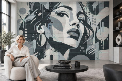 Graffiti Kadın Portre Poster Duvar Kağıdı Gri Modern Salon