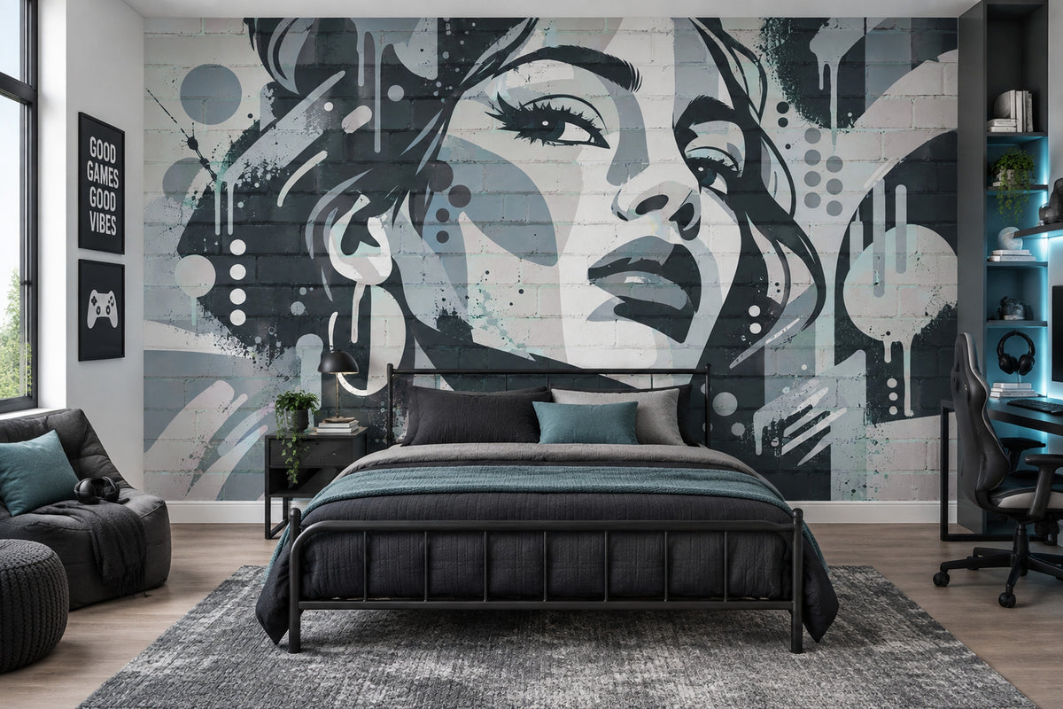 Graffiti Kadın Portre Poster Duvar Kağıdı Gri Modern Salon