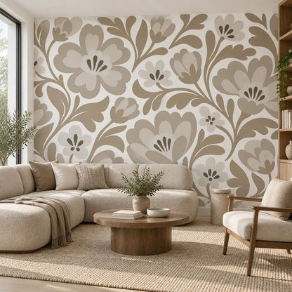 Bej Büyük Çiçek Desenli Poster Duvar Kağıdı Salon