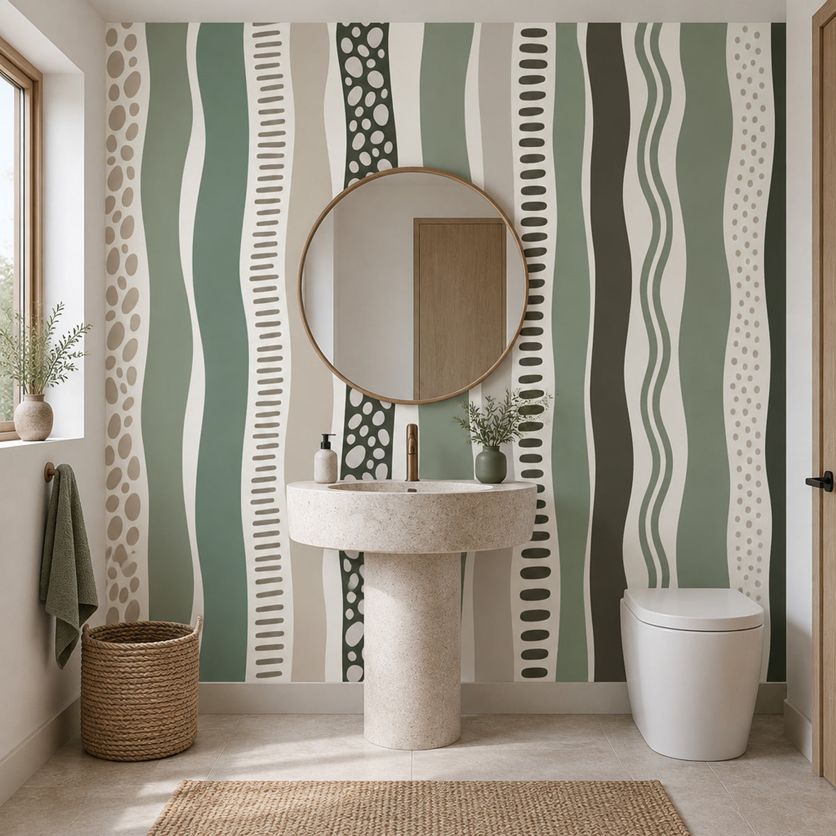 Soyut Dalgalı Çizgili Poster Duvar Kağıdı Yeşil Bej Banyo