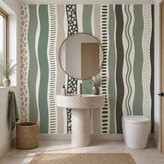 Soyut Dalgalı Çizgili Poster Duvar Kağıdı Yeşil Bej Banyo
