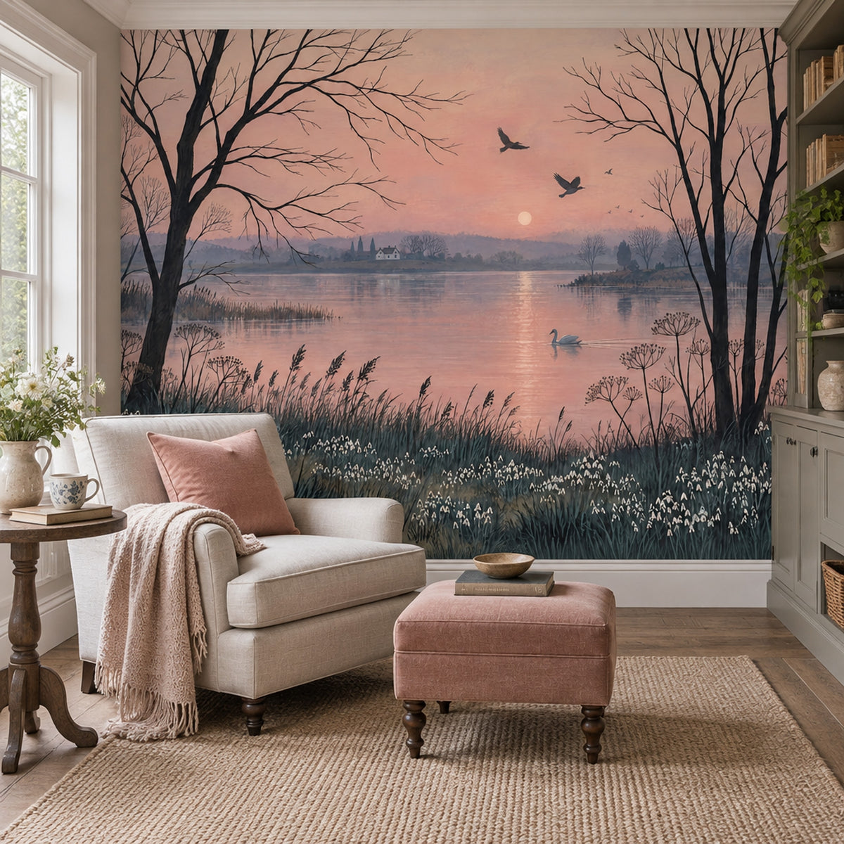 Gün Batımı Göl Manzaralı Poster Duvar Kağıdı Pembe Tonlar