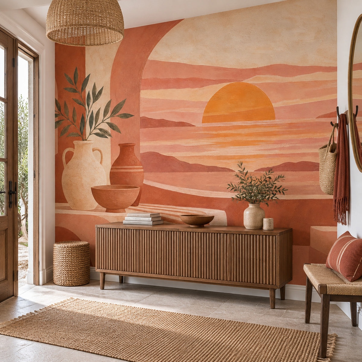Terracotta Gün Batımı Manzaralı Poster Duvar Kağıdı Modern Salon