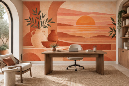 Terracotta Gün Batımı Manzaralı Poster Duvar Kağıdı Modern Salon