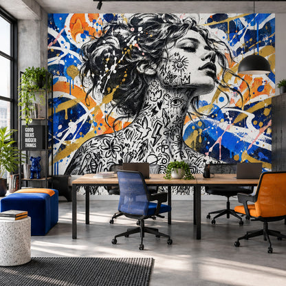 Grafiti Kadın Portre Poster Duvar Kağıdı Mavi Sarı Salon