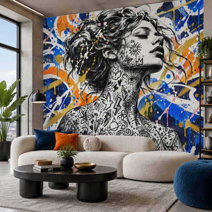 Grafiti Kadın Portre Poster Duvar Kağıdı Mavi Sarı Salon