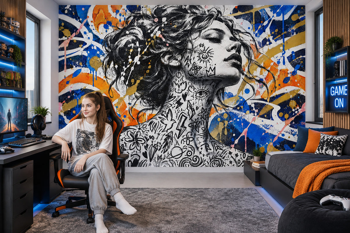 Grafiti Kadın Portre Poster Duvar Kağıdı Mavi Sarı Salon