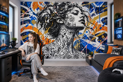 Grafiti Kadın Portre Poster Duvar Kağıdı Mavi Sarı Salon