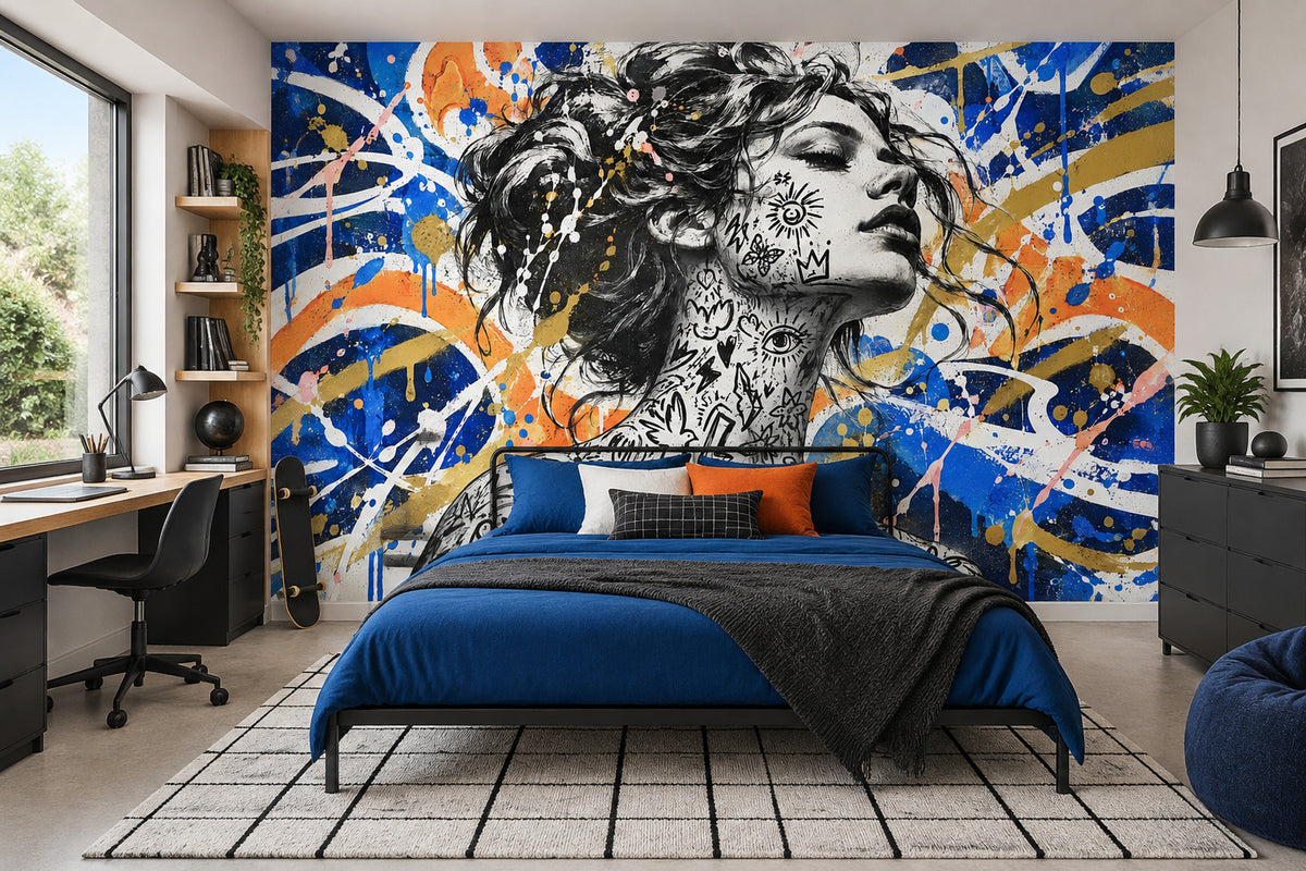 Grafiti Kadın Portre Poster Duvar Kağıdı Mavi Sarı Salon