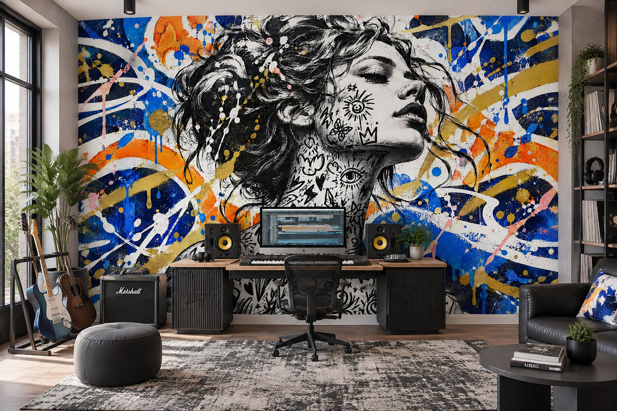Grafiti Kadın Portre Poster Duvar Kağıdı Mavi Sarı Salon