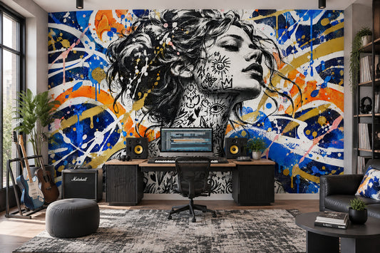 Grafiti Kadın Portre Poster Duvar Kağıdı Mavi Sarı Salon