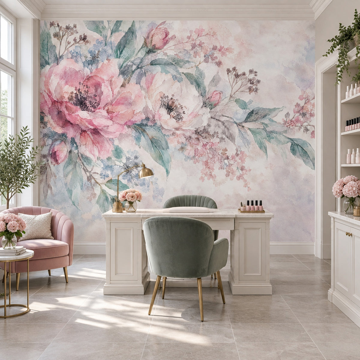 Sulu Boya Pembe Şakayık Poster Duvar Kağıdı Pastel Çiçekli