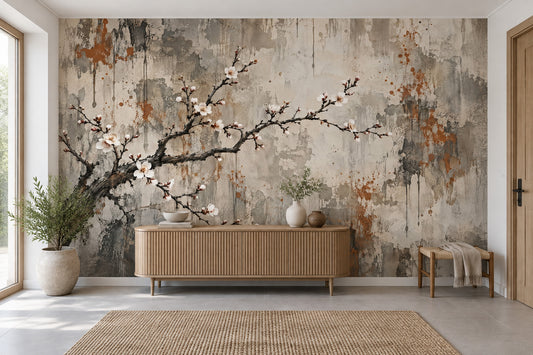 Japon Kiraz Çiçekli Poster Duvar Kağıdı Bej Salon Dekoru