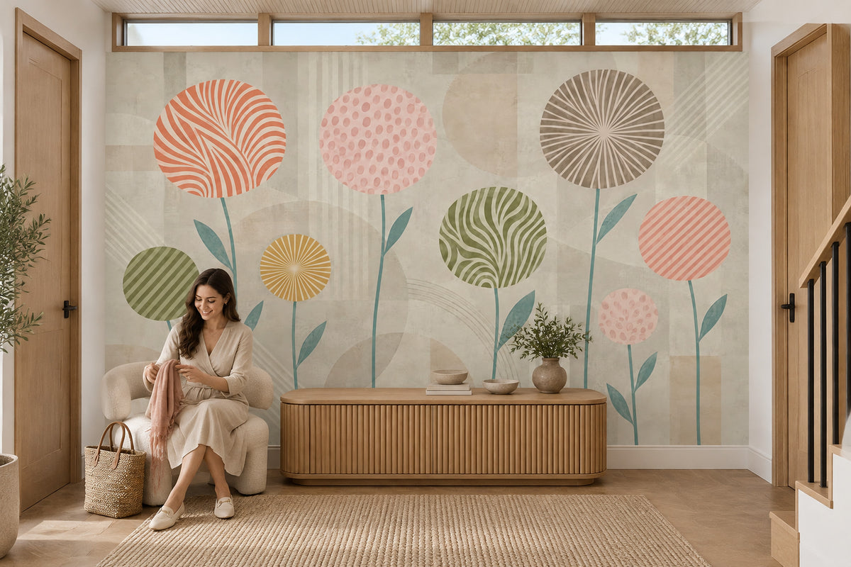 Soyut Çiçekli Poster Duvar Kağıdı Pastel Renkli Salon Duvarı