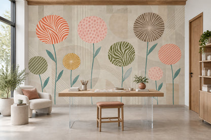 Soyut Çiçekli Poster Duvar Kağıdı Pastel Renkli Salon Duvarı