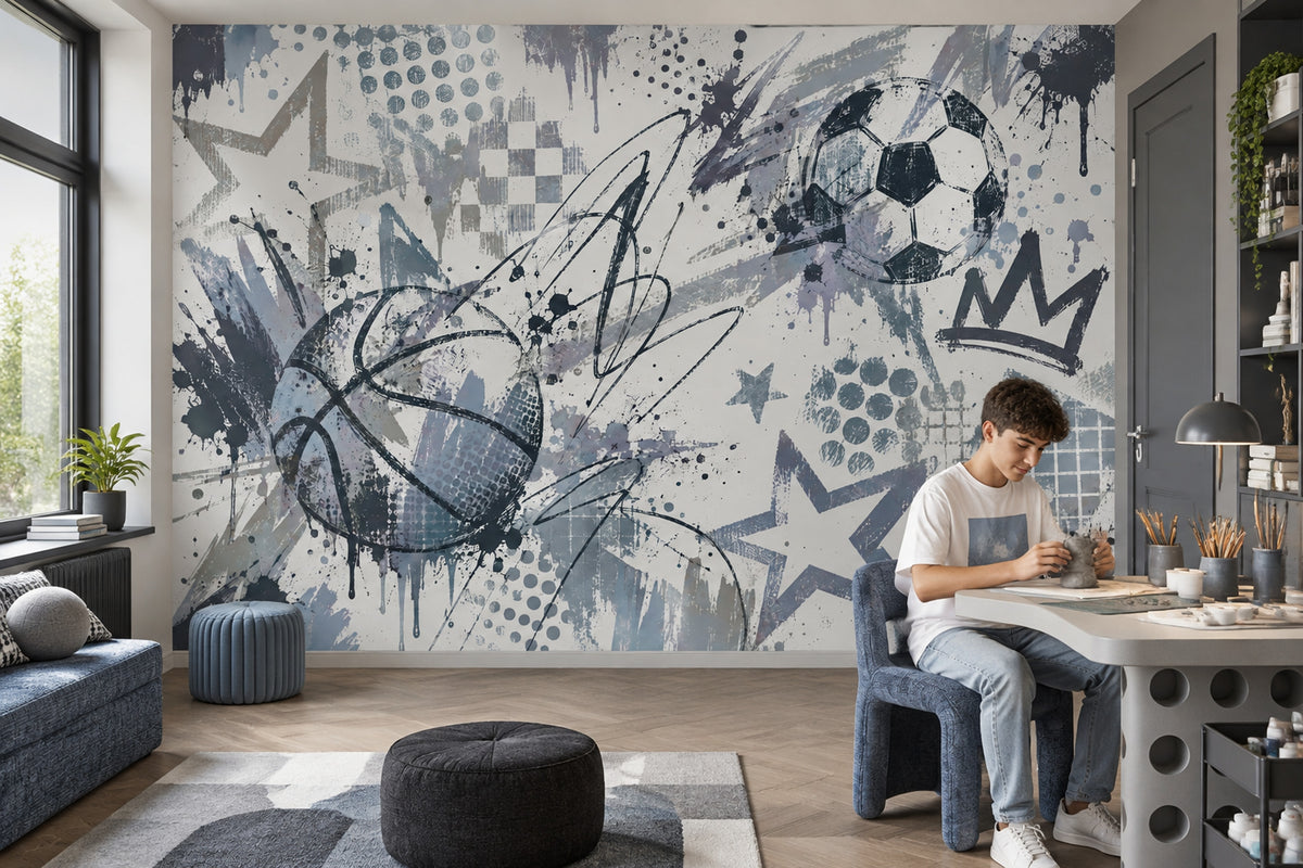 Grafiti Futbol Temalı Poster Duvar Kağıdı Gri Genç Odası