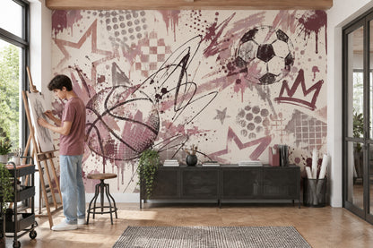 Graffiti Basketbol Futbol Poster Duvar Kağıdı Bordo Genç Odası