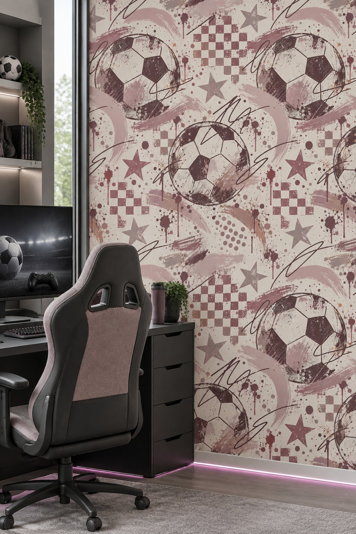 Futbol Topu Desenli Duvar Kağıdı Bordo Krem Genç Odası