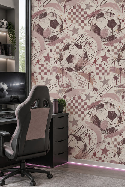 Futbol Topu Desenli Duvar Kağıdı Bordo Krem Genç Odası