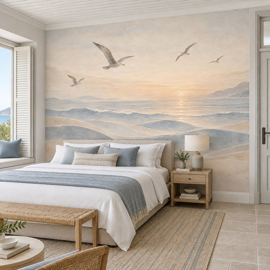 Gün Batımı Deniz Manzaralı Poster Duvar Kağıdı Uçan Martılar