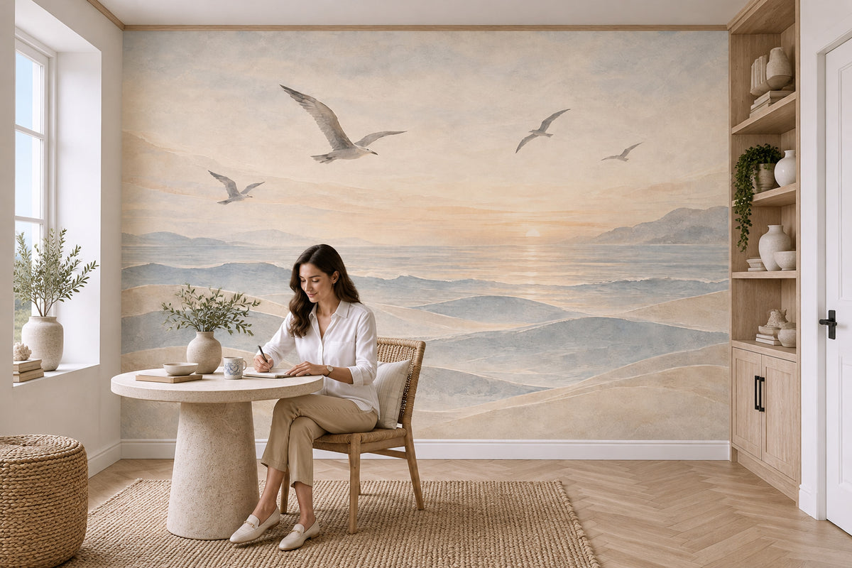 Gün Batımı Deniz Manzaralı Poster Duvar Kağıdı Uçan Martılar