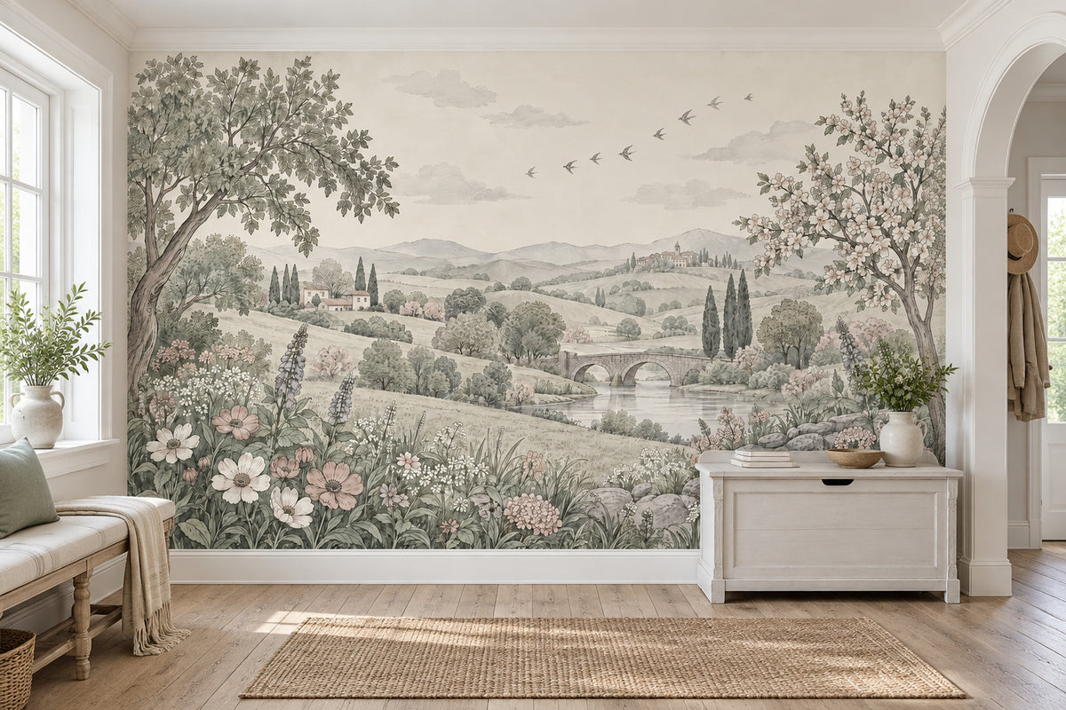 Pastel Kırsal Manzara Poster Duvar Kağıdı Çiçekli Salon