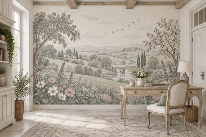 Pastel Kırsal Manzara Poster Duvar Kağıdı Çiçekli Salon