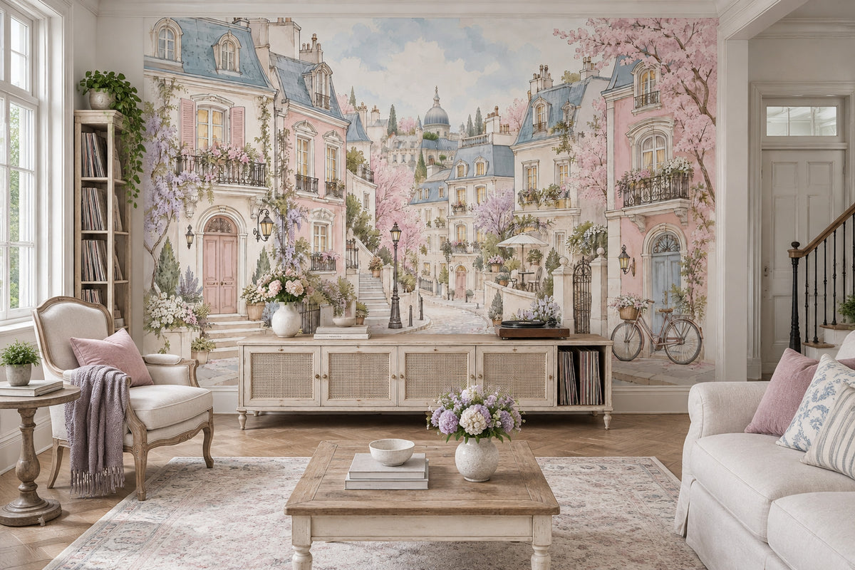 Paris Sokak Manzaralı Poster Duvar Kağıdı Pastel Pembe Mavi