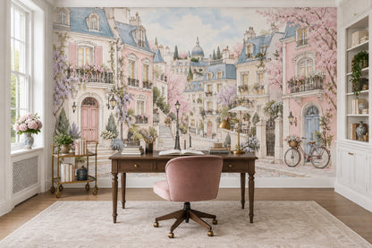 Paris Sokak Manzaralı Poster Duvar Kağıdı Pastel Pembe Mavi