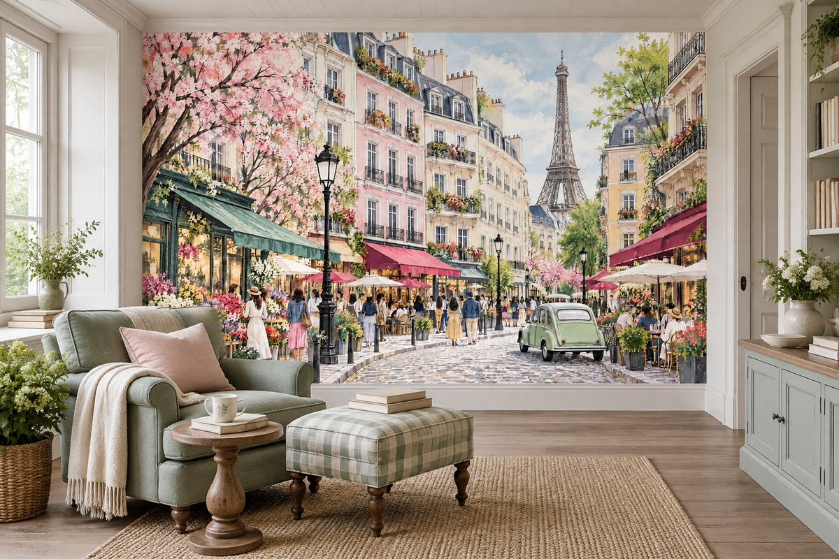 Paris Sokak Manzaralı Poster Duvar Kağıdı Pastel Şehir Dekoru