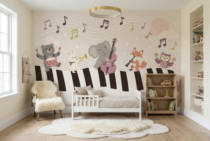 Müzik Temalı Hayvanlı Poster Duvar Kağıdı Çocuk Odası Bej