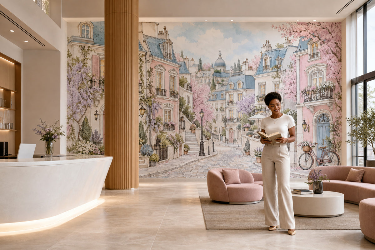 Paris Sokak Manzaralı Poster Duvar Kağıdı Pastel Pembe Mavi