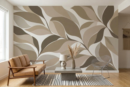 Soyut Yaprak Desenli Poster Duvar Kağıdı Bej Kahve Salon
