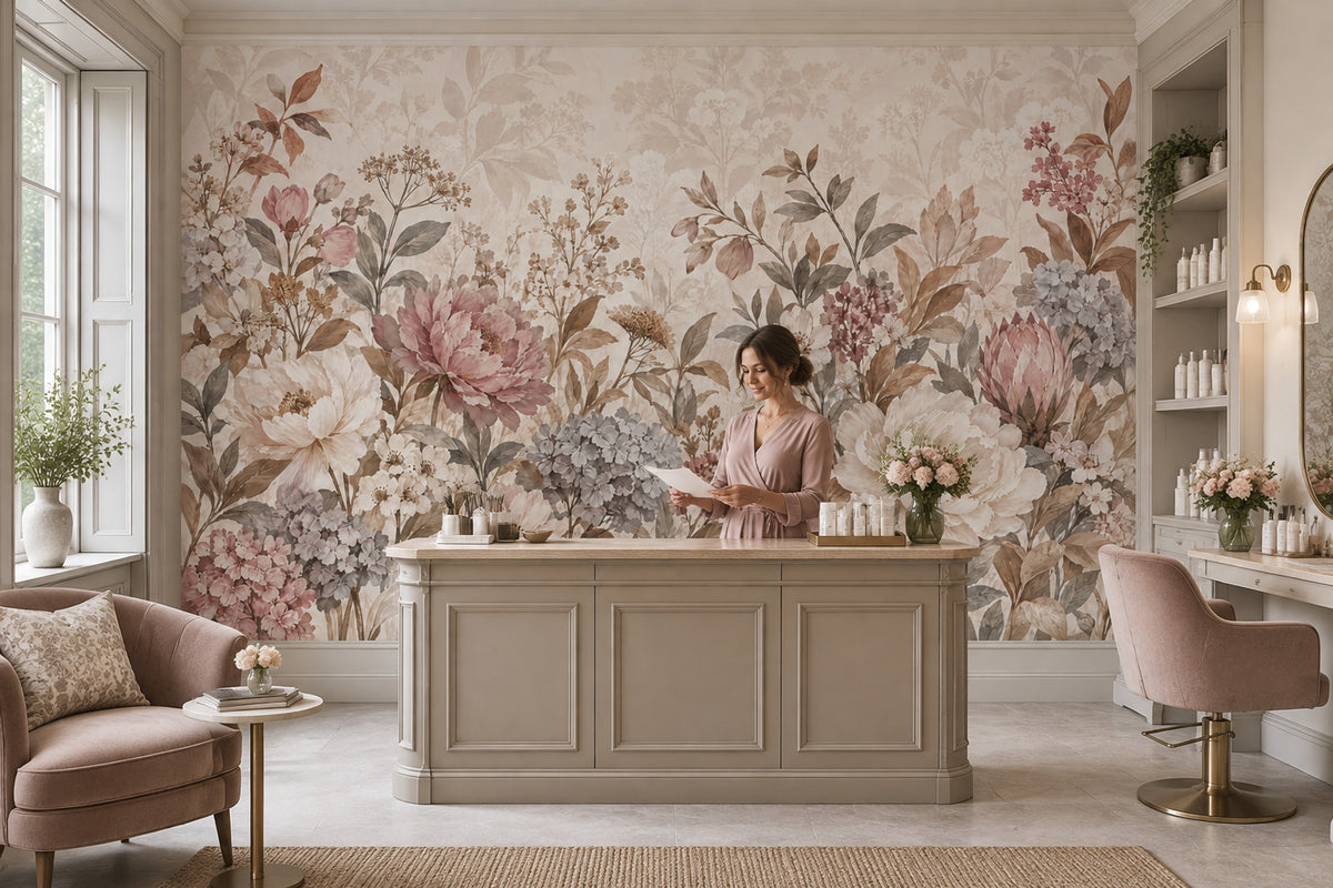 Pastel Çiçek Desenli Poster Duvar Kağıdı Bej Salon Duvarı