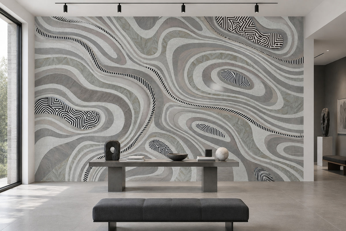 Soyut Dalgalı Poster Duvar Kağıdı Gri Siyah Modern Salon