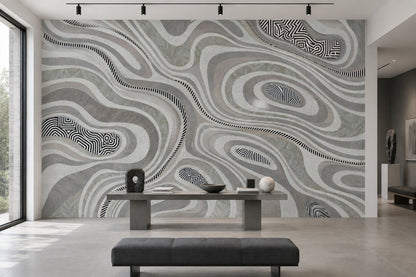 Soyut Dalgalı Poster Duvar Kağıdı Gri Siyah Modern Salon