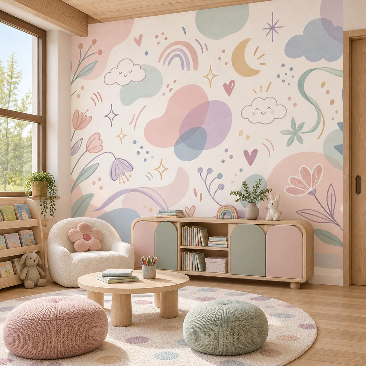 Gökkuşağı Bulut Ay Poster Duvar Kağıdı Pastel Çocuk Odası