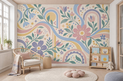 Pastel Çiçekli Poster Duvar Kağıdı Gökkuşağı Desenli Çocuk Odası